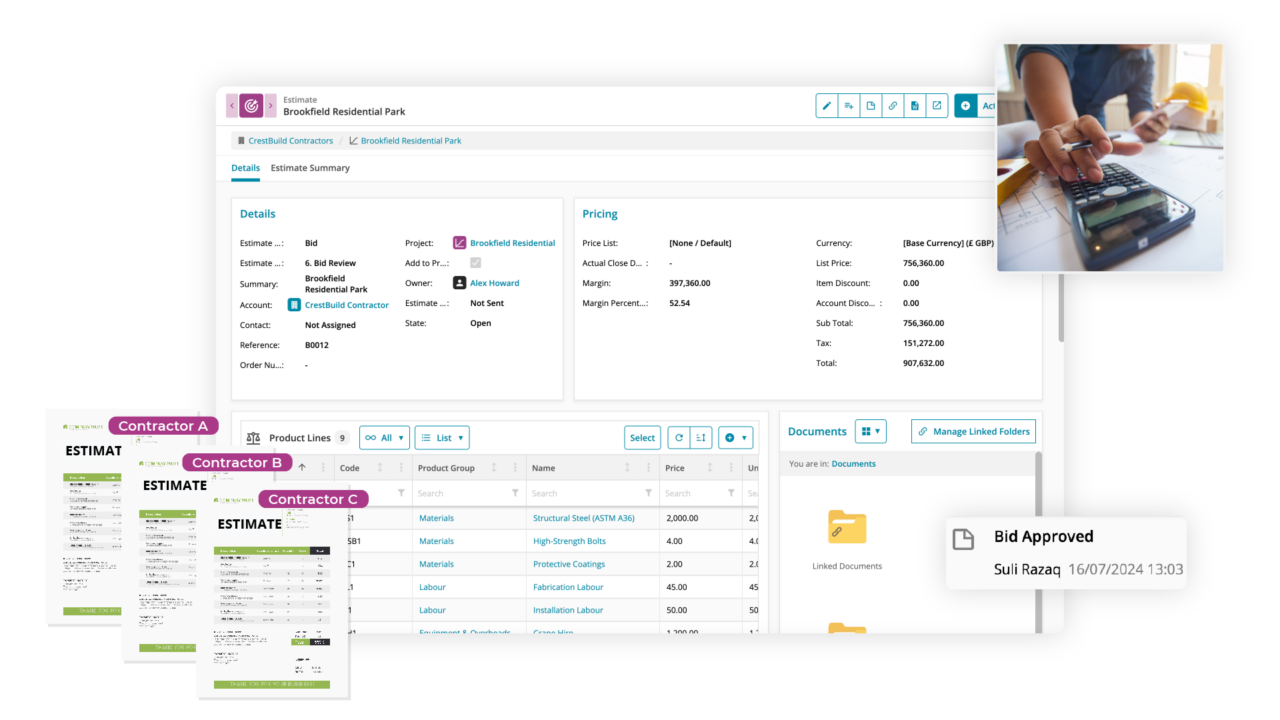 Estimates screen with pricing, templates and product lines visible