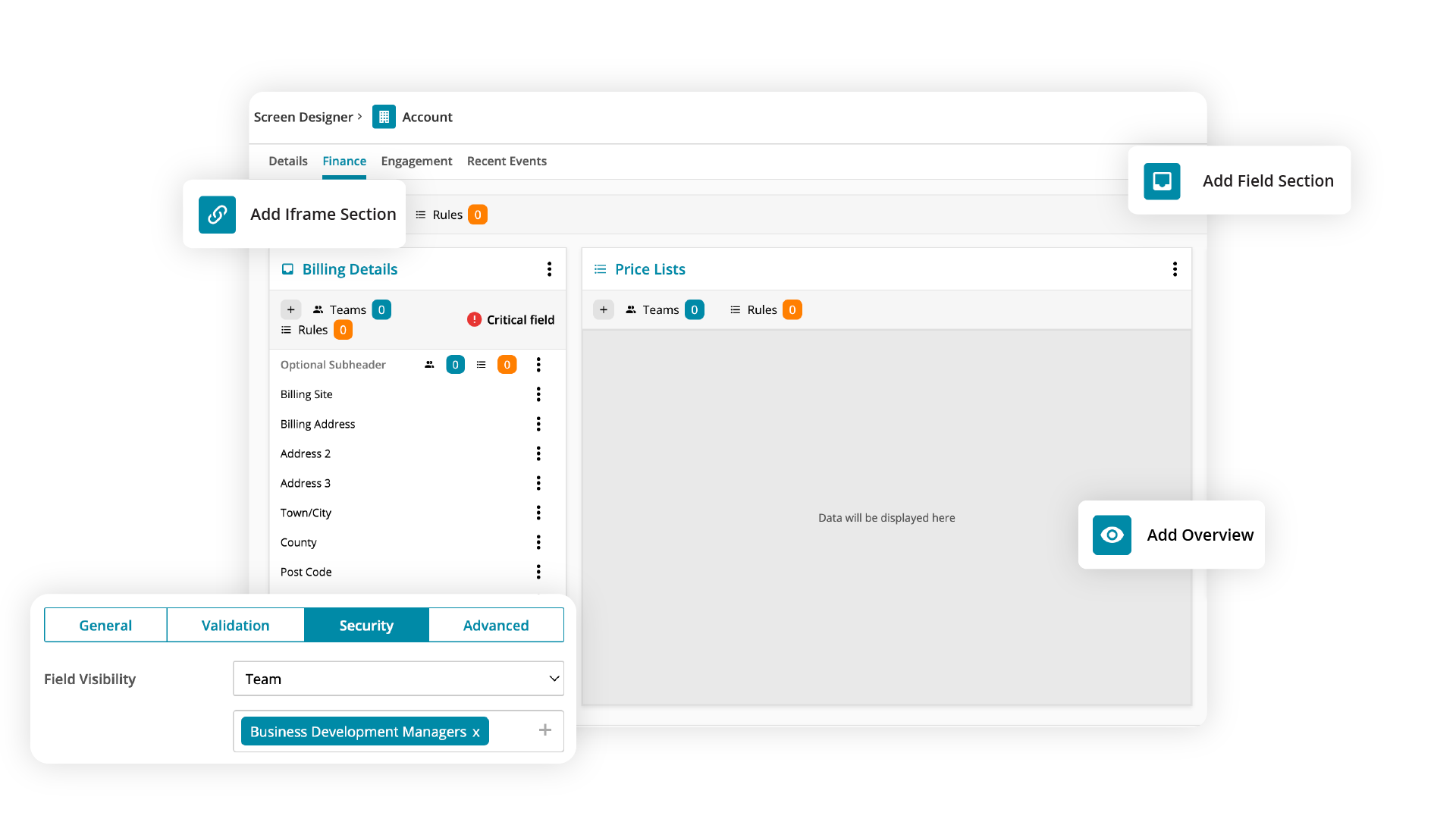 Gold-Vision screen design tool showing a finance screen that can be customised 